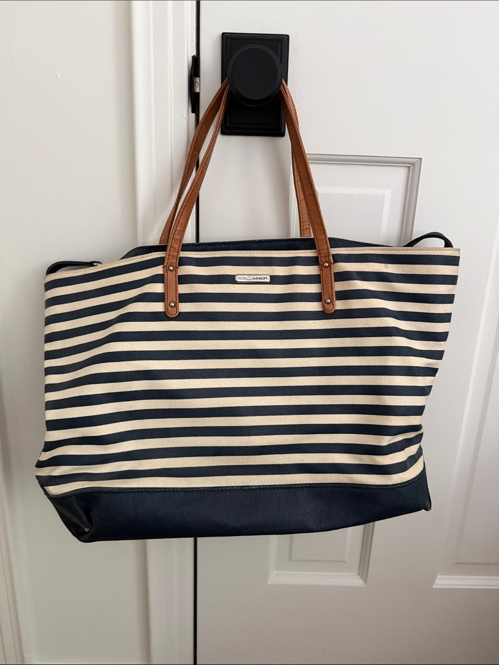 Striped Navy & Cream Tote Bag with Brown Handles